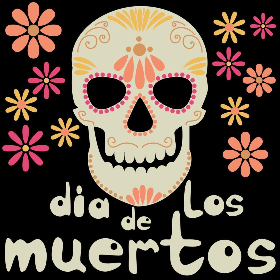 dia de los muertos, calavera tradicional con estampados y motivos florales para la festividad de los muertos e inscripción temática vector