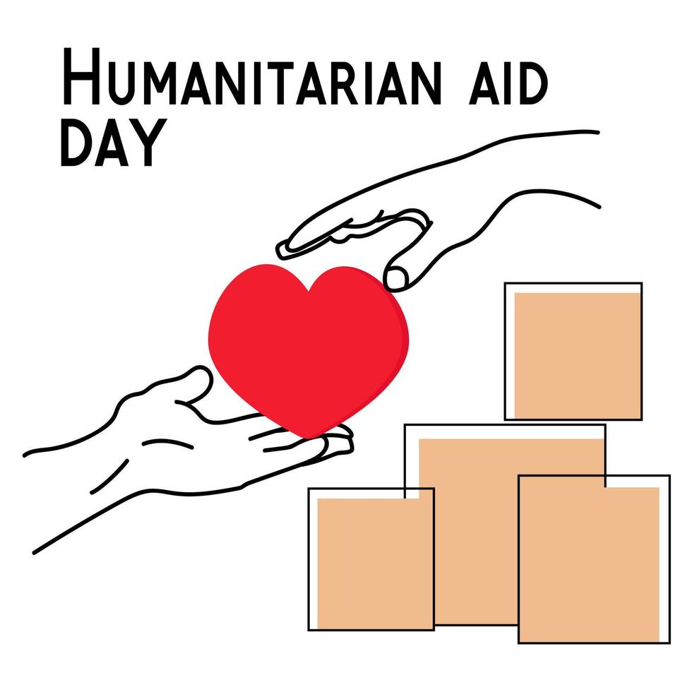 día de la ayuda humanitaria, mano de ayuda y apoyo, concepto de postal o afiche vector