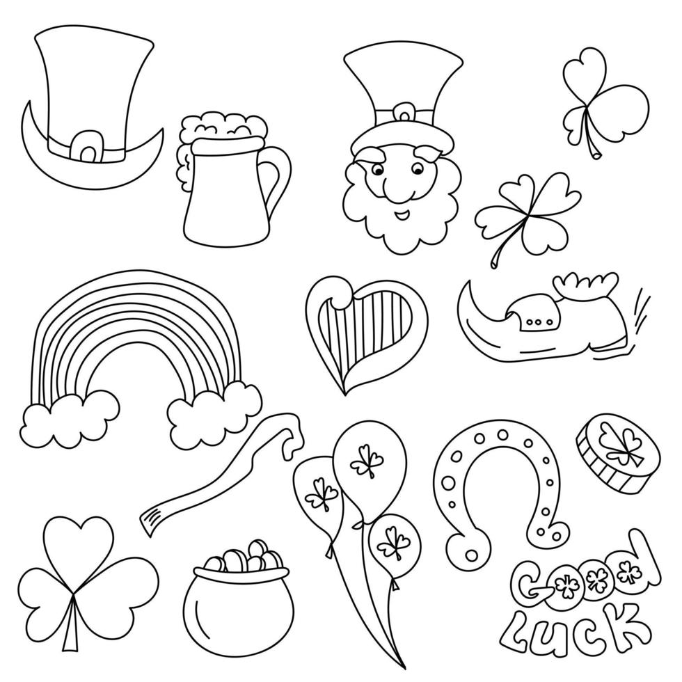 St Patrick's Day doodles set, outline illustrations of festive Irish symbols vector