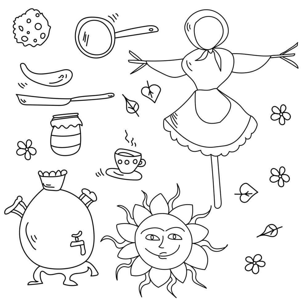 Set of doodles for traditional holiday, pancake day outline drawings vector