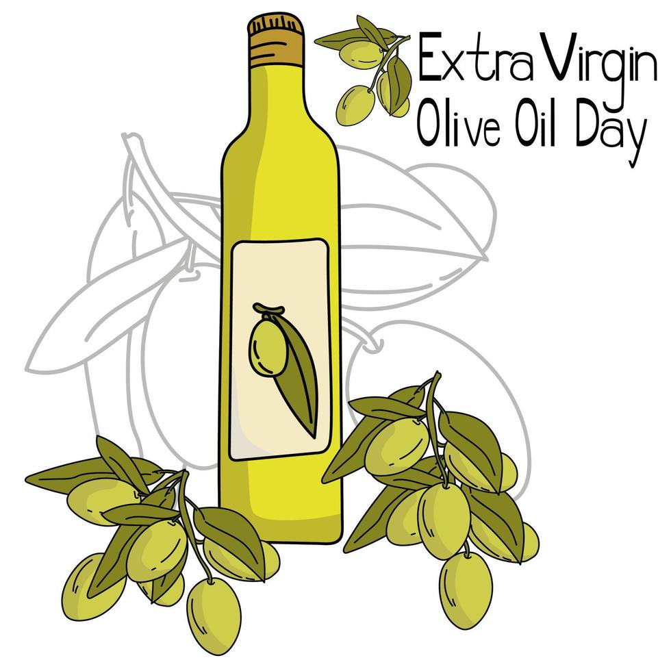 día del aceite de oliva virgen extra, botella con aceite de oliva, ramitas de aceitunas con frutos verdes y hojas e inscripción temática vector