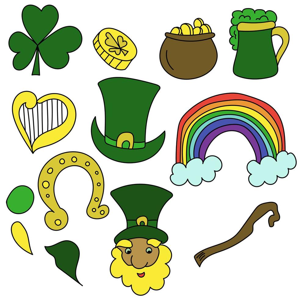 St Patrick's day attributes doodles set, green drawings with symbols of good luck, coloring page from simple elements vector