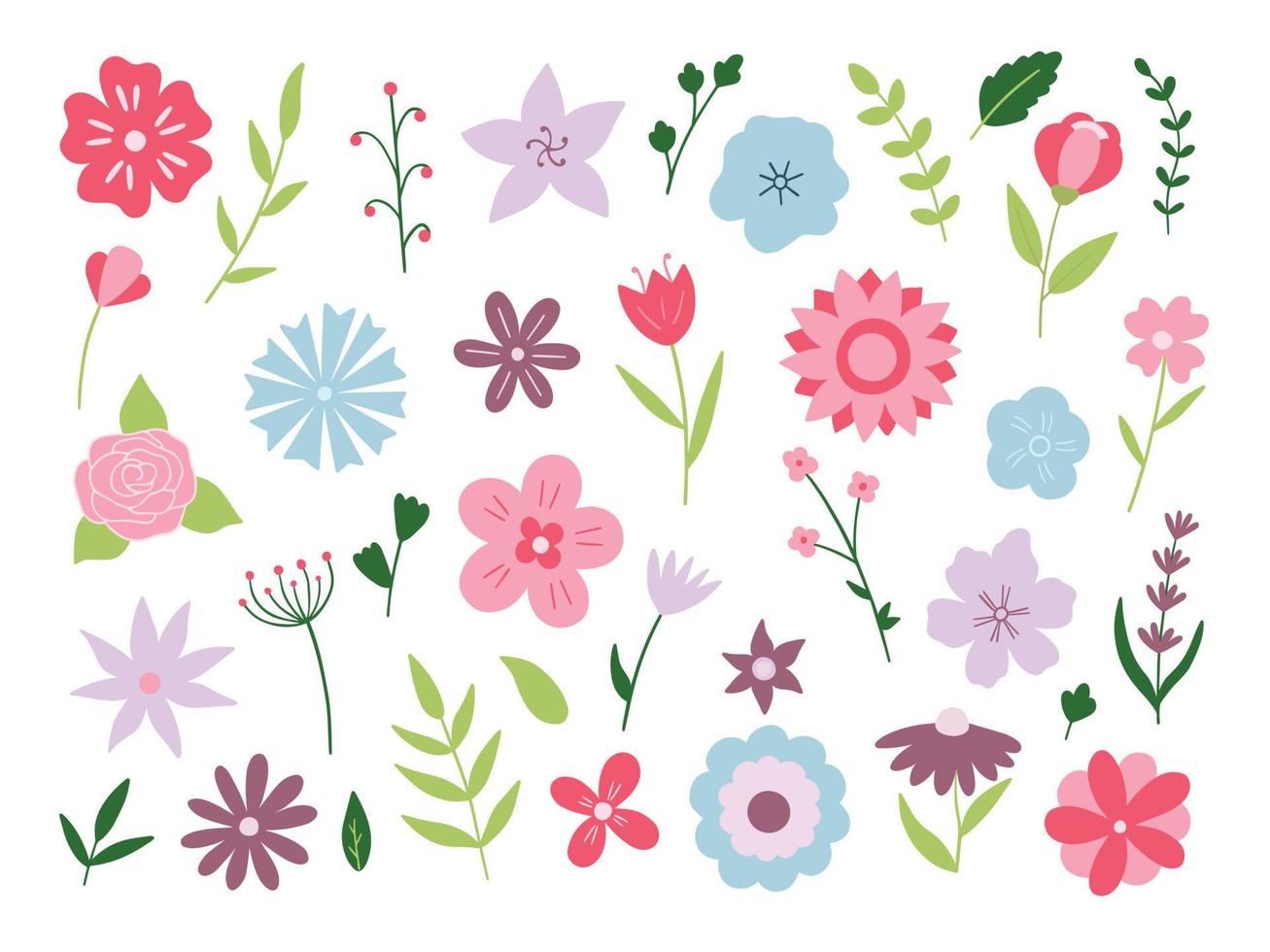 conjunto dibujado a mano de flores y ramas. elementos florales y herbales. en estilo de dibujos animados. ilustración vectorial aislado sobre fondo blanco. vector