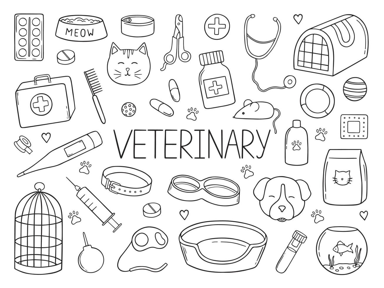 Hand drawn set of Pets veterinary doodle. Supplies and accessories for dogs and cats in sketch style. Bowl, toys, collar, food, kennel. Vector illustration isolated on white background.