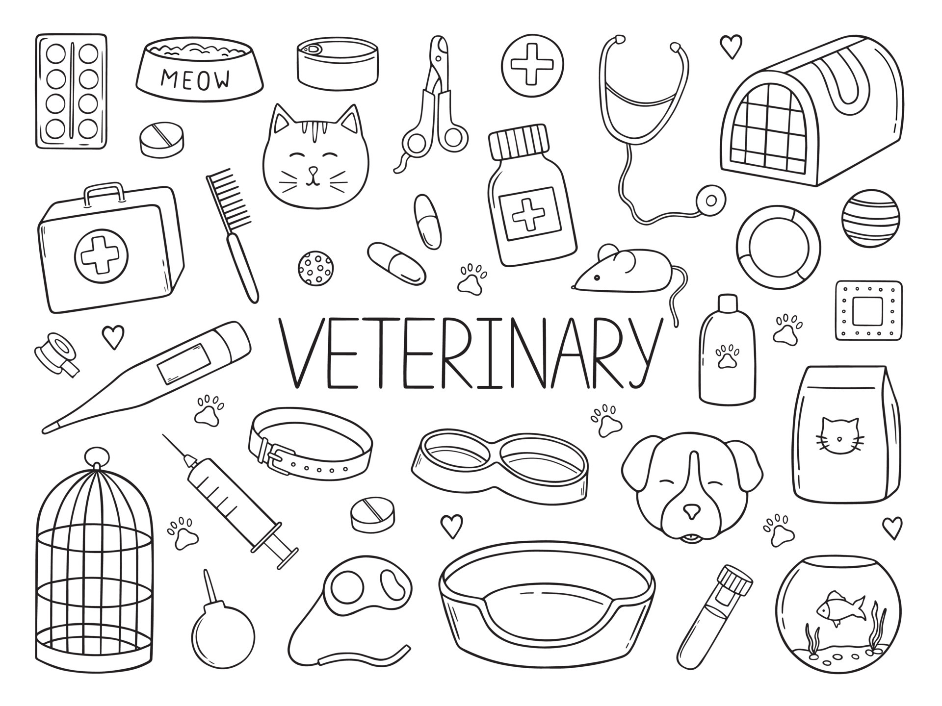Hand drawn set of Pets veterinary doodle. Supplies and accessories for