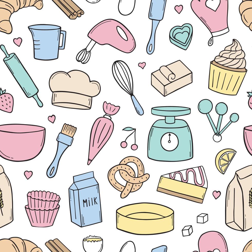 Seamless pattern of baking doodle. Cooking elements. Mixer, butter, flour, spoon, whisk in sketch style.  Hand drawn vector illustration isolated on white background.