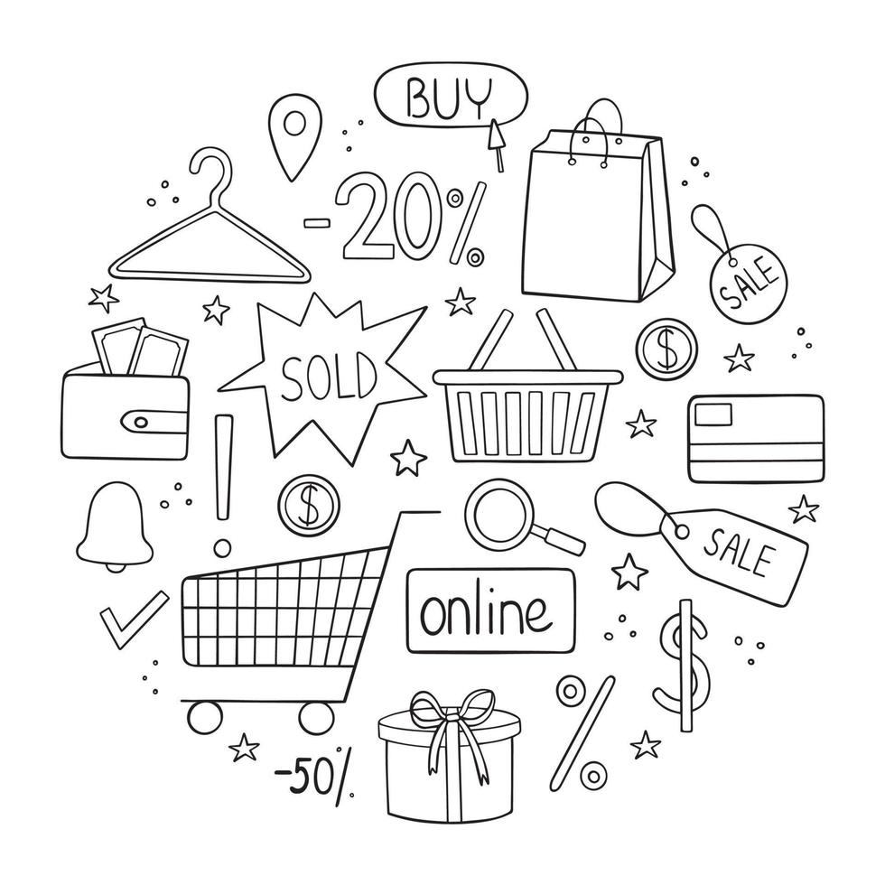 Set of online shopping doodle. Basket, shopping bag, card, gift in sketch style. Hand drawn vector illustration isolated on white background.