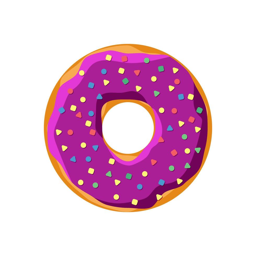 donut dulce y sabroso aislado en fondo blanco. vista superior de espolvoreado de color púrpura y glaseado para la decoración de la cafetería de pasteles o el diseño del menú. deliciosa panadería vector eps ilustración