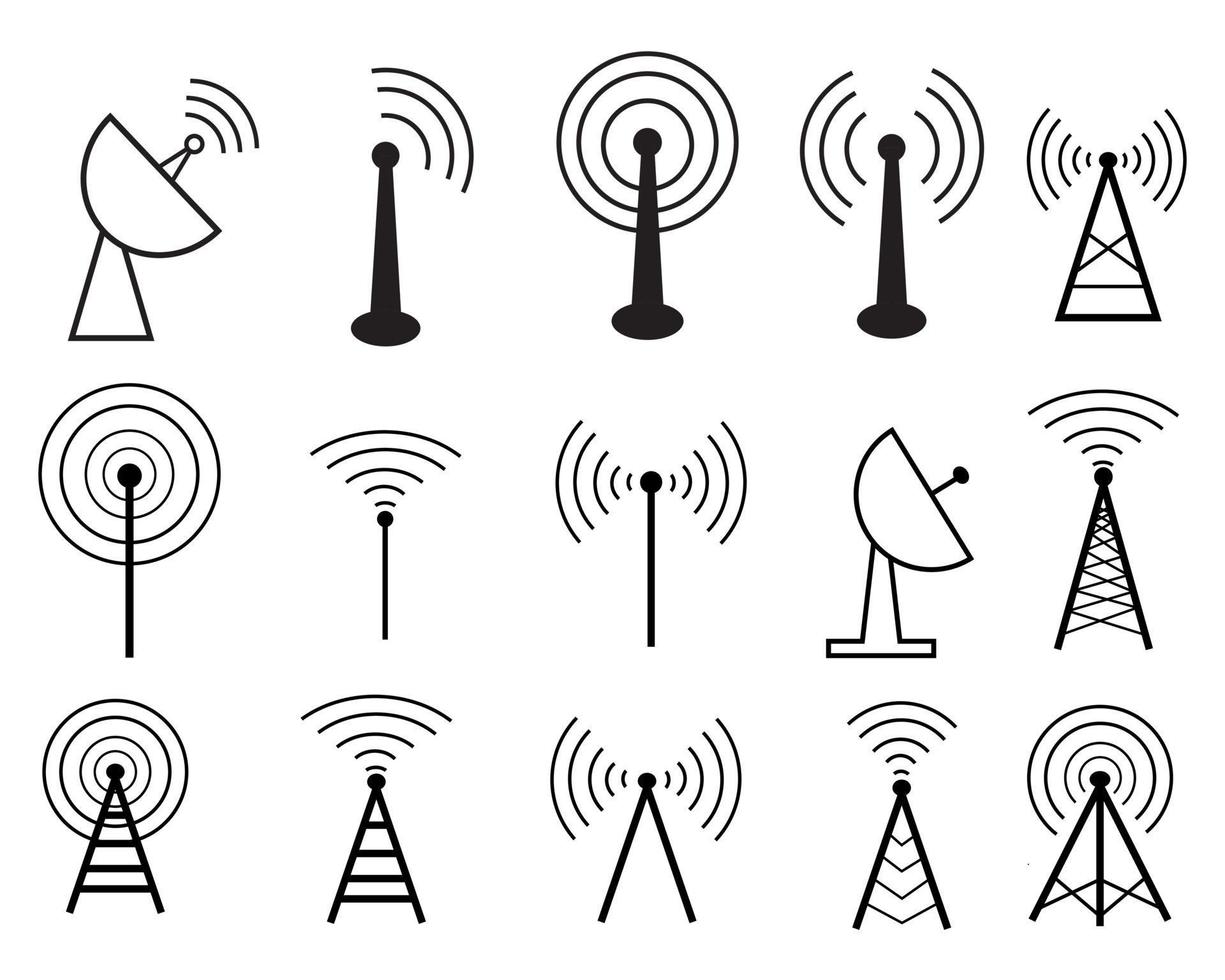 conjunto de iconos lineales de torre y poste de radio. torre de comunicación de radio, transmisor, paquete de símbolos de contorno de antena. tecnología inalámbrica moderna, ilustración de conjunto de iconos vectoriales para telecomunicaciones vector