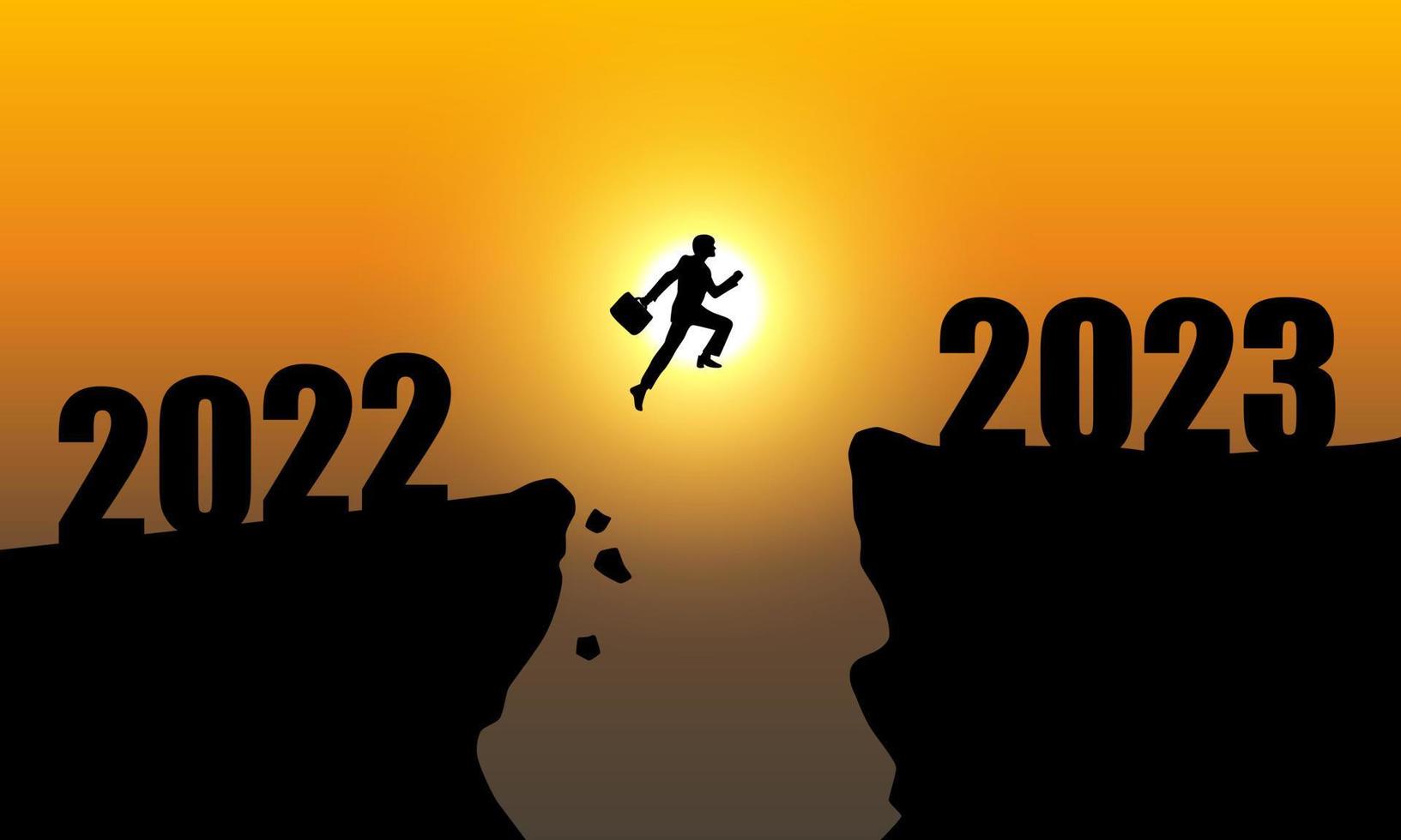 2023 New Year Background Design. A businessman is jumping over to cliff and jump across between 2022 and 2023 word. vector