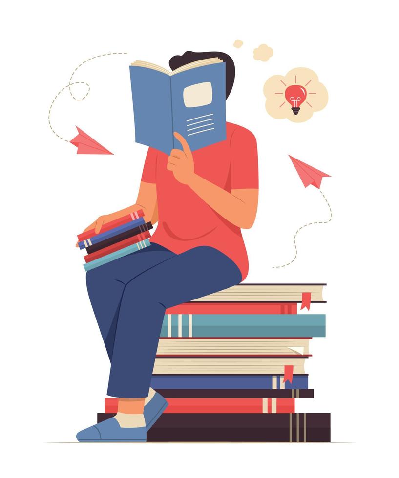 Man Reading a Book and Thinking Good Idea. vector