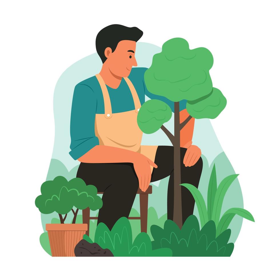 Man Taking Care of Tree in Garden. vector