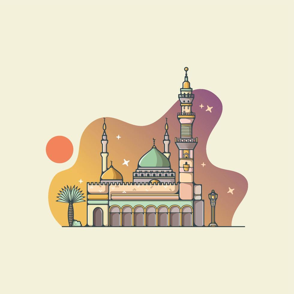 vector de mezquita al atardecer de estilo de diseño plano