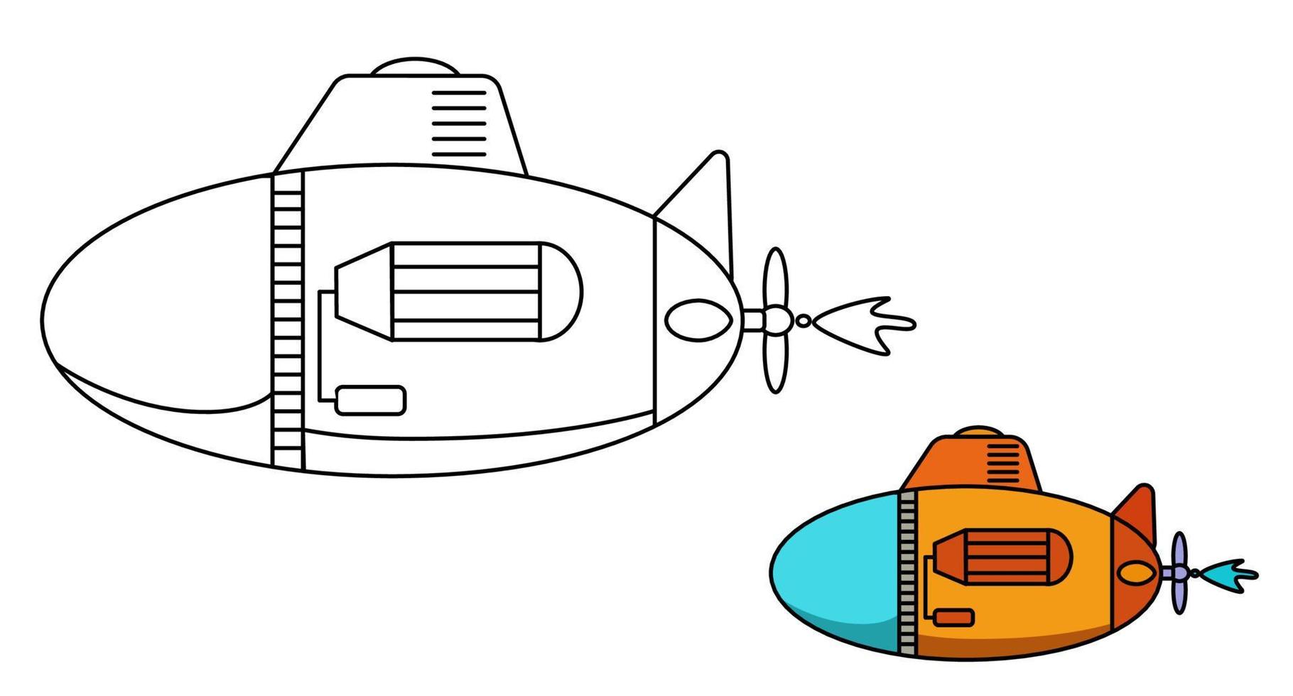 Coloring book. Cartoon clipart submarine for kids activity colouring pages. Vector illustration