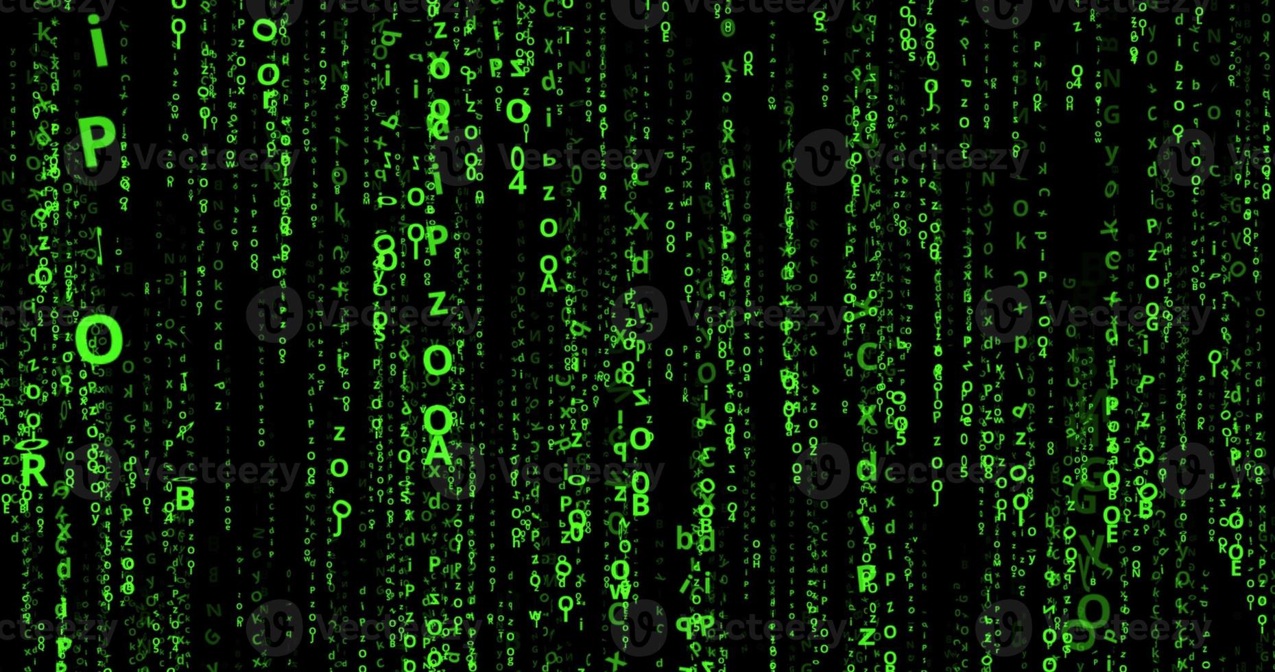 Cyberspace with falling green digital lines, binary hanging chain, abstract background. photo