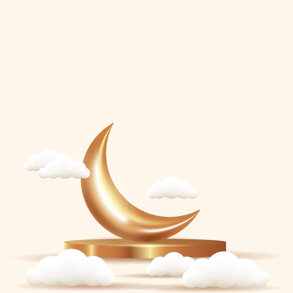 realistic crescent moon, podium. and cloud. islamic ornament vector illustration