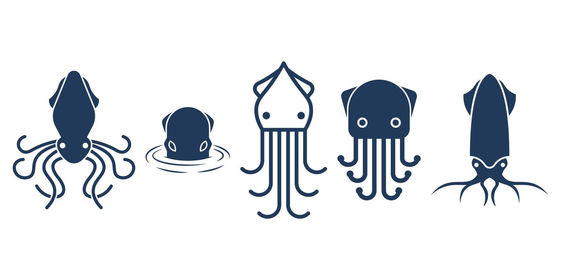 conjunto de diseño de ilustración de vector de logotipo de calamar, pulpo, calamar, inspiración de plantilla de diseño de logotipo de sepia