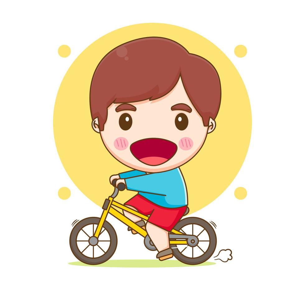 feliz lindo niño niño montando bicicleta chibi dibujado a mano personaje de dibujos animados vector