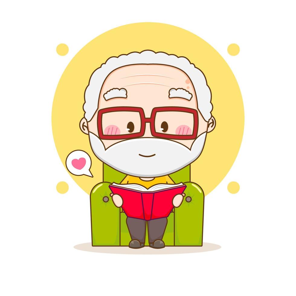 Cute grandpa reading book on sofa chibi hand drawn cartoon character vector