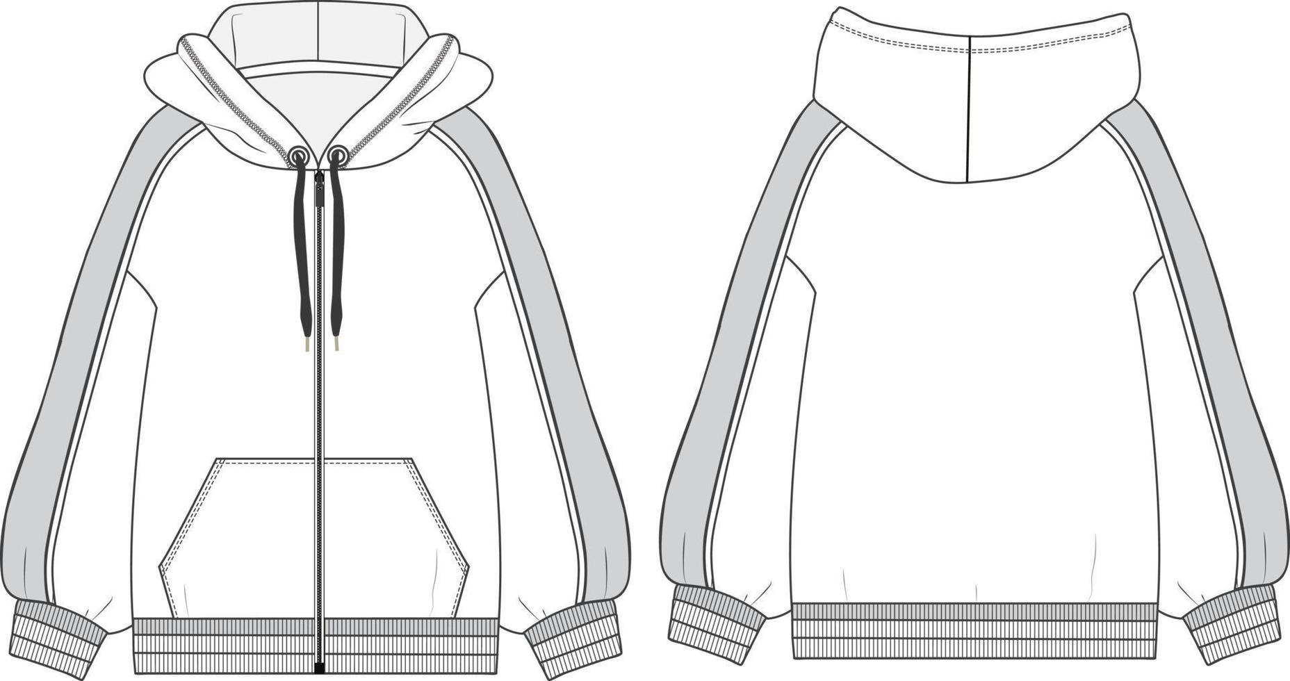 Plantilla de vector de boceto plano de moda técnica con capucha. ilustración de sudadera con capucha de ropa de tela de lana de algodón simulada en la parte delantera, vistas traseras. ropa outwear jumper hombres, top unisex cad.