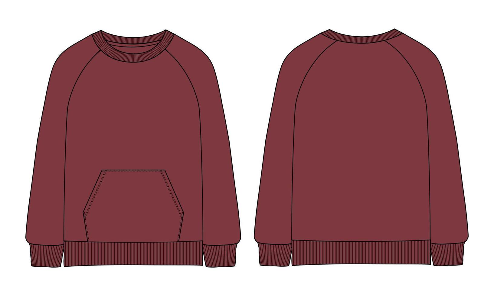 Long sleeve Sweatshirt Technical Fashion flat sketch vector illustration Red Color template front and back views isolated on white background.