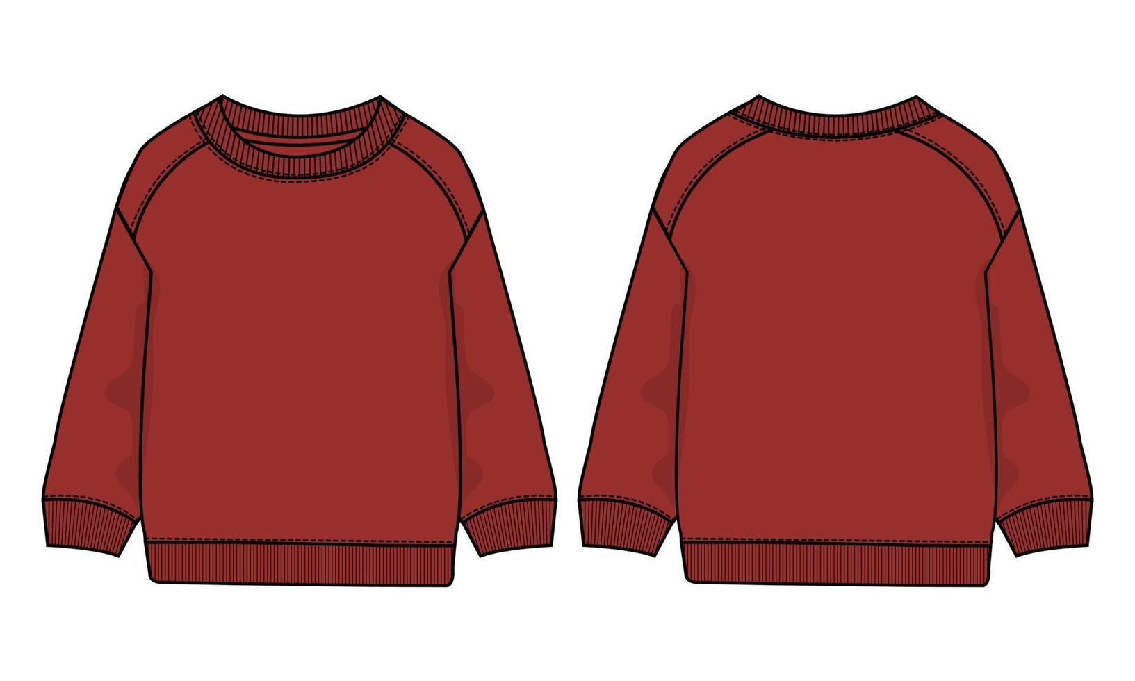 Long sleeve Sweatshirt Technical Fashion flat sketch vector illustration Red Color template front and back views isolated on white background.