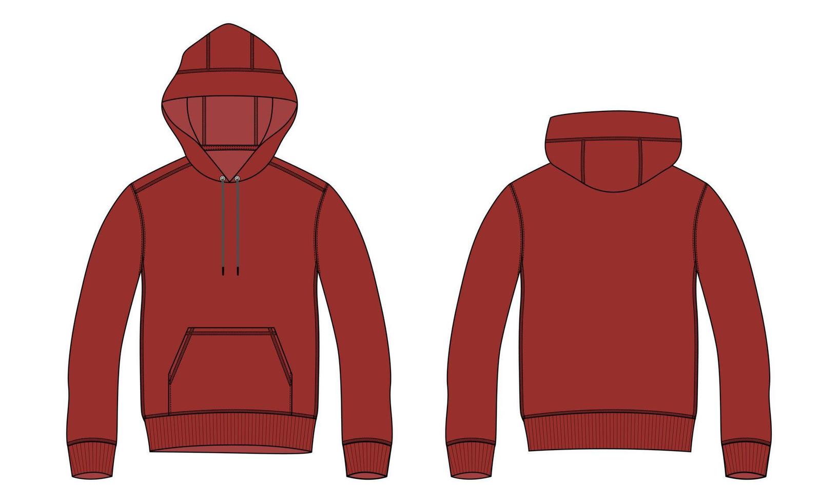 Long sleeve hoodie Technical Fashion flat sketch vector illustration red color Red Color template front and back views isolated on white background.