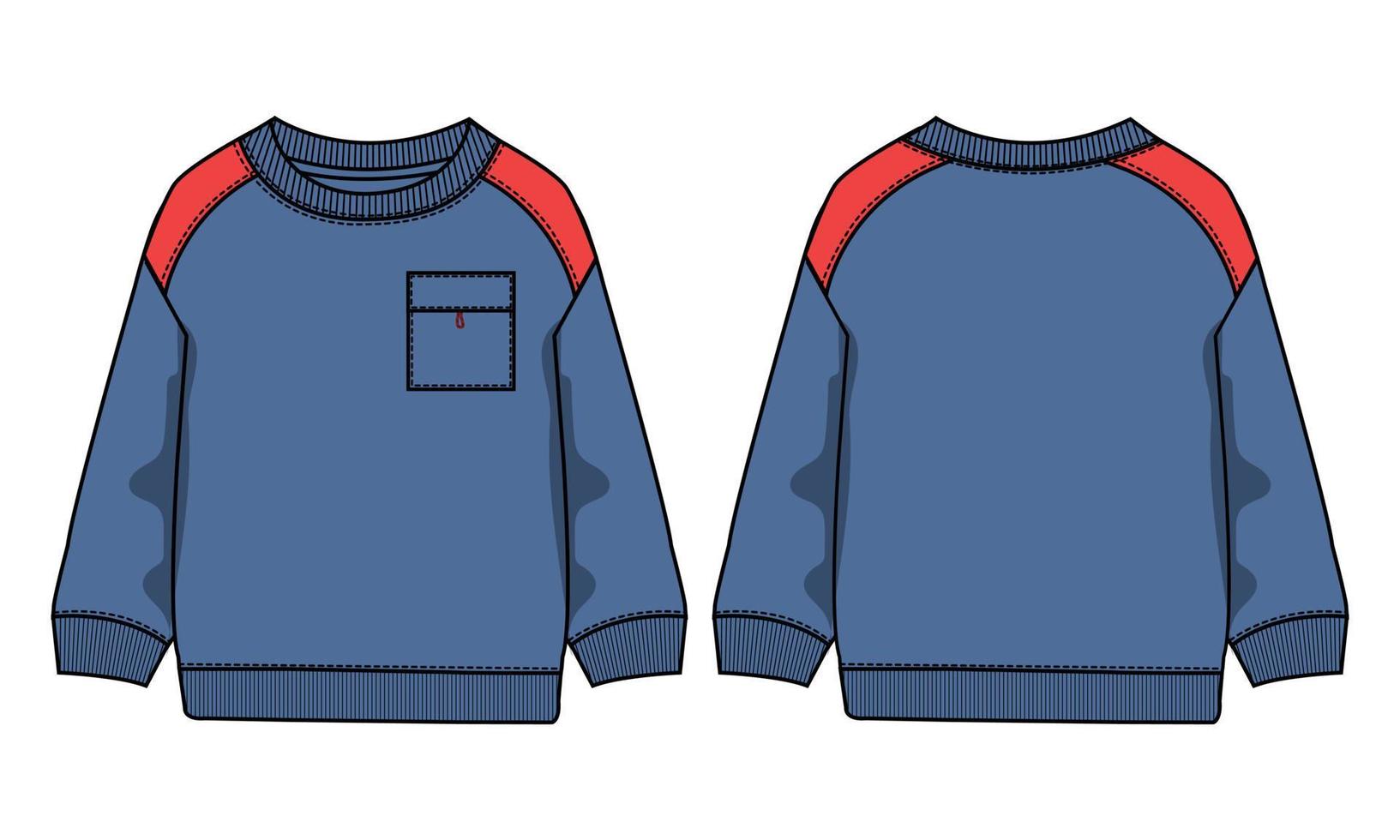 sudadera de manga larga con bolsillo técnica moda dibujo plano vector ilustración plantilla azul marino vistas frontal y trasera aisladas sobre fondo blanco.