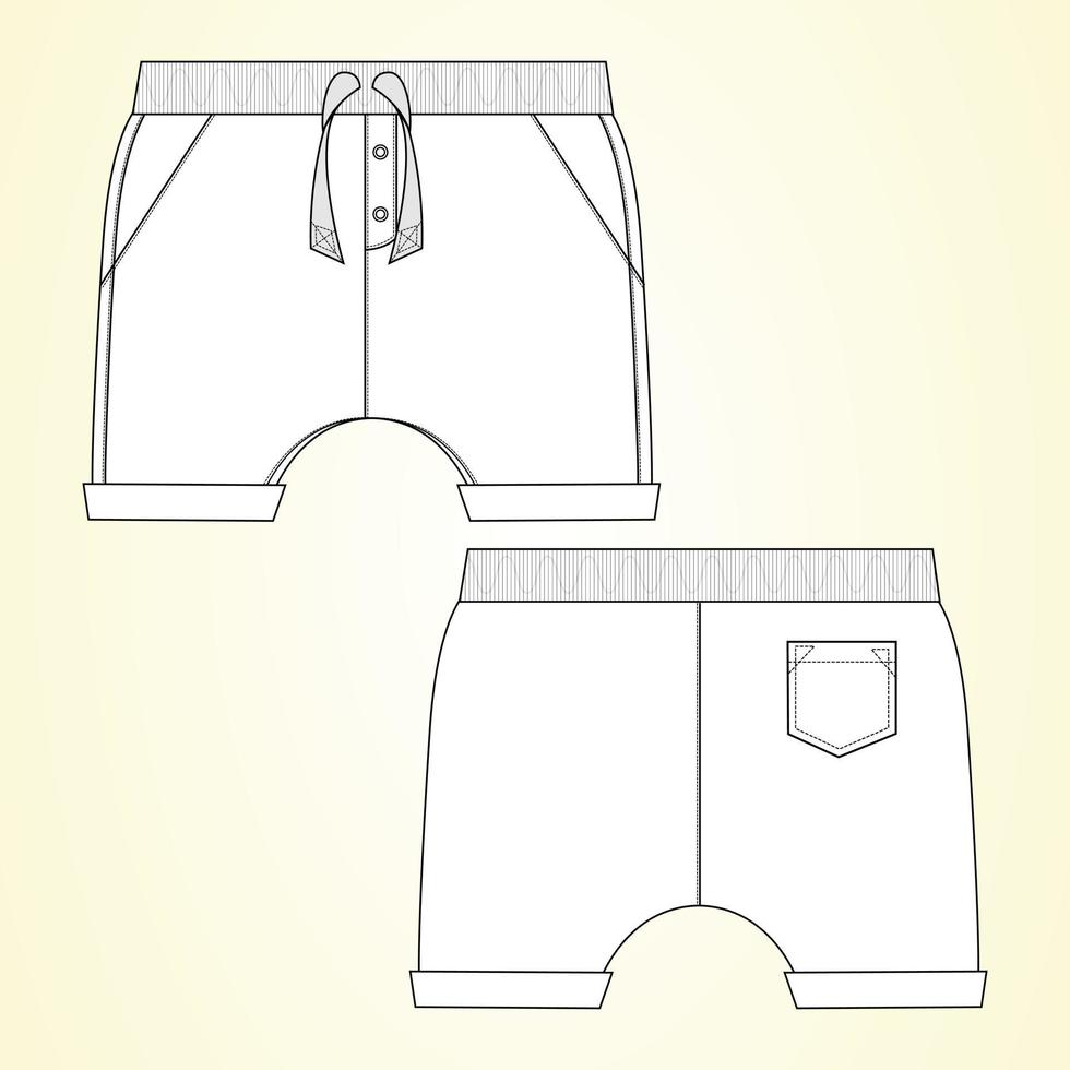 Boys Sweat jersey Shorts vector fashion flat sketch template. Kids Waist Short pant Technical Drawing Fashion art Illustration front and back views.