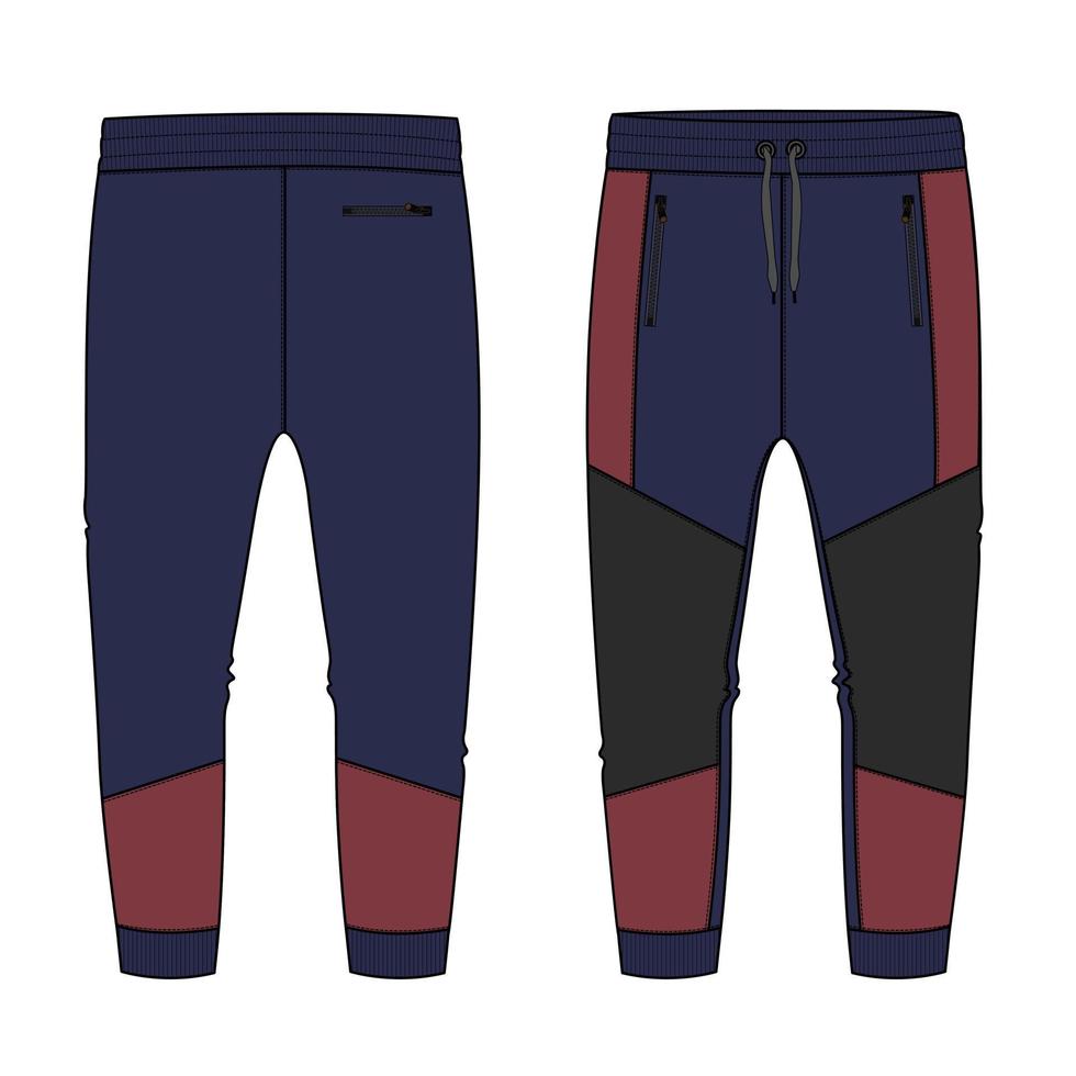 pantalón de chándal de jersey de lana con plantilla de color azul marino de boceto plano de moda técnica cortada y cosida. prendas de vestir jogger pants ilustración vectorial maqueta para niños y niños. diseño de moda dibujo cad vector