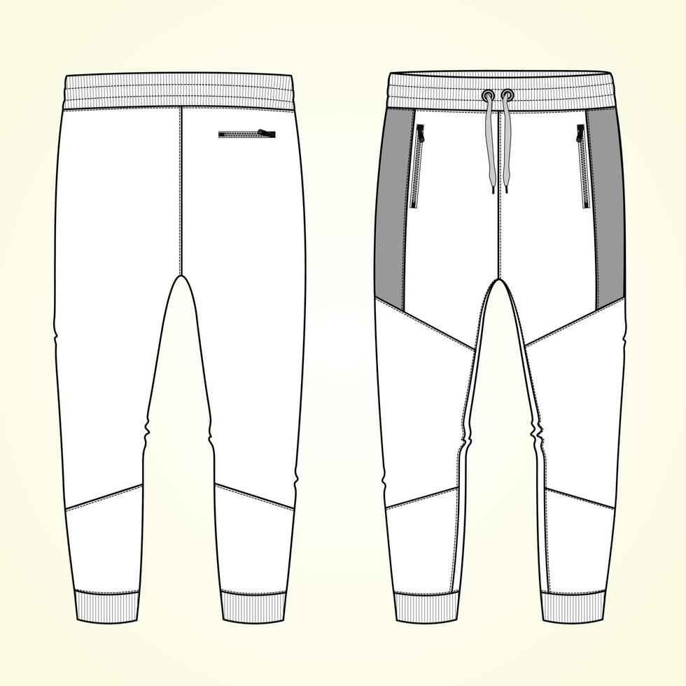 pantalón de chándal de jersey de lana con vista frontal y posterior de la plantilla de boceto plano de moda técnica cortada y cosida. prendas de vestir jogger pants ilustración vectorial maqueta para niños y niños. dibujo de diseño de moda cad. vector