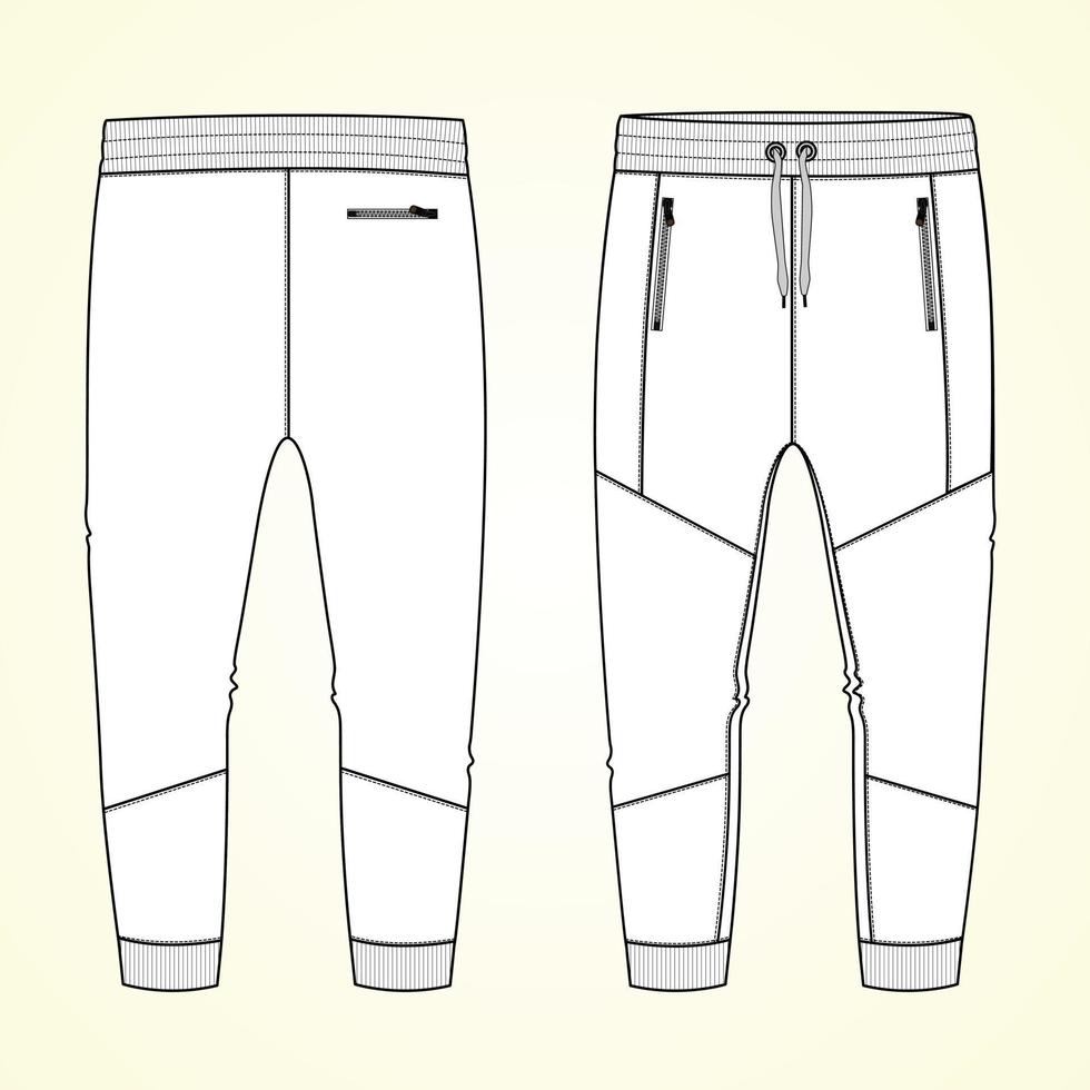 pantalón de chándal de jersey de lana con vista frontal y posterior de la plantilla de boceto plano de moda técnica cortada y cosida. prendas de vestir jogger pants ilustración vectorial maqueta para niños y niños. dibujo de diseño de moda cad. vector