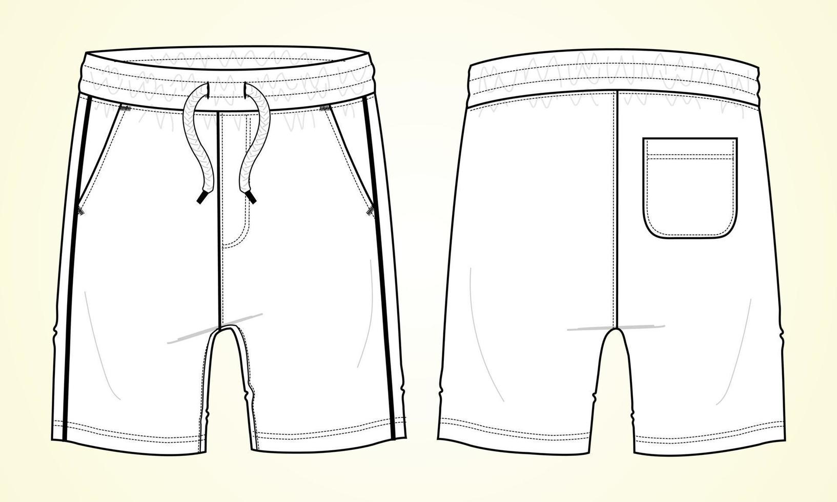 pantalones cortos de sudor para niños ilustración vectorial vista frontal y posterior de la plantilla de boceto plano de moda. vector