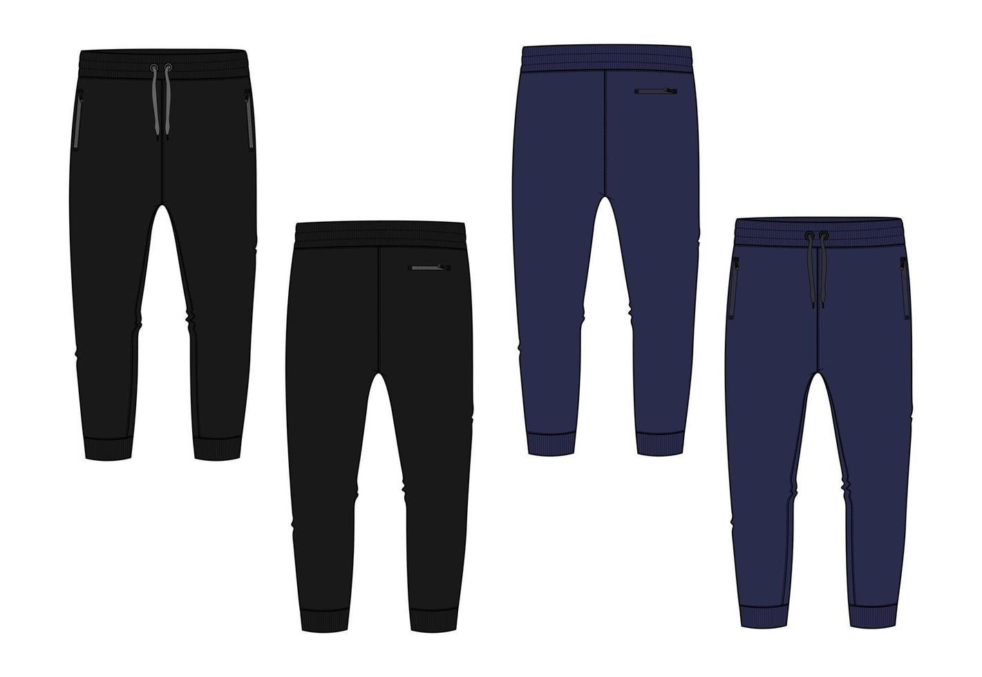 Fleece jersey Sweat pant With Cut and sew technical fashion flat sketch Black, Navy color  template. Apparel jogger pants vector illustration mock up for kids and boys. Fashion design drawing CAD.