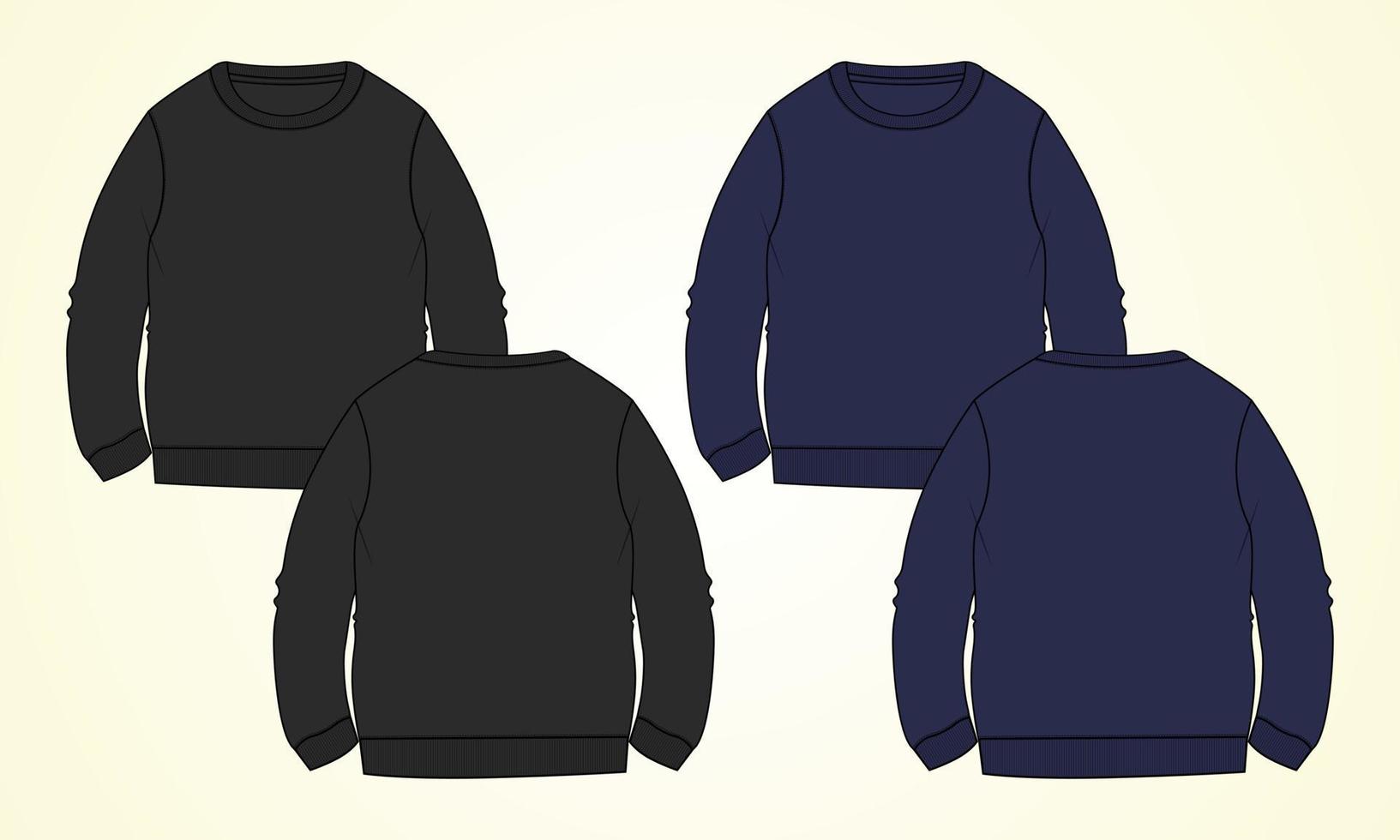 Round neck Long sleeve Sweatshirt overall fashion Flat Sketch technical drawing Black, Navy color  template For men's. Dress design mockup CAD illustration. vector