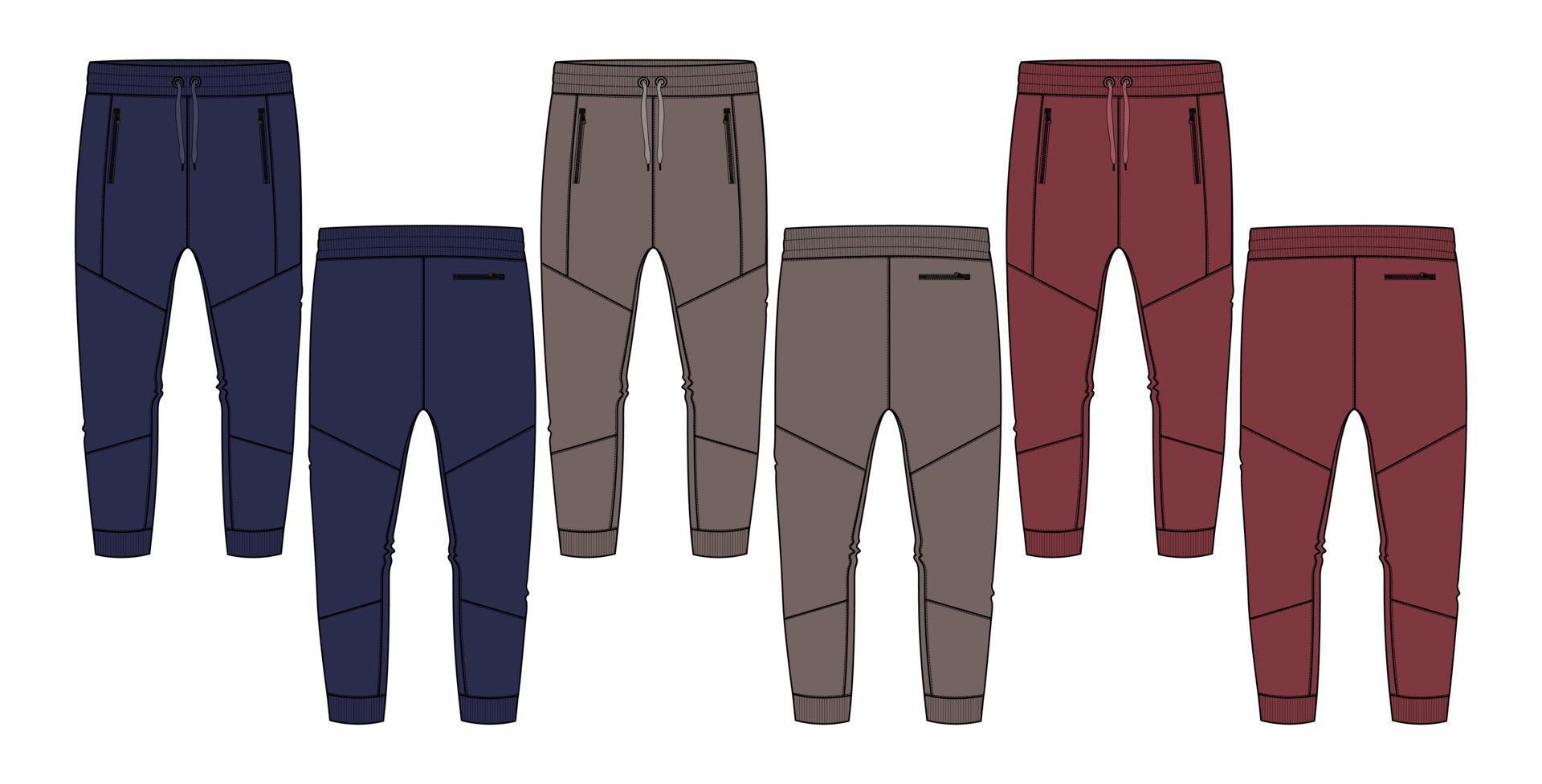 Fleece jersey Sweat pant With Cut and sew technical fashion flat sketch navy, red, khaki color template. Apparel jogger pants vector illustration mock up for kids and boys. Fashion design drawing CAD
