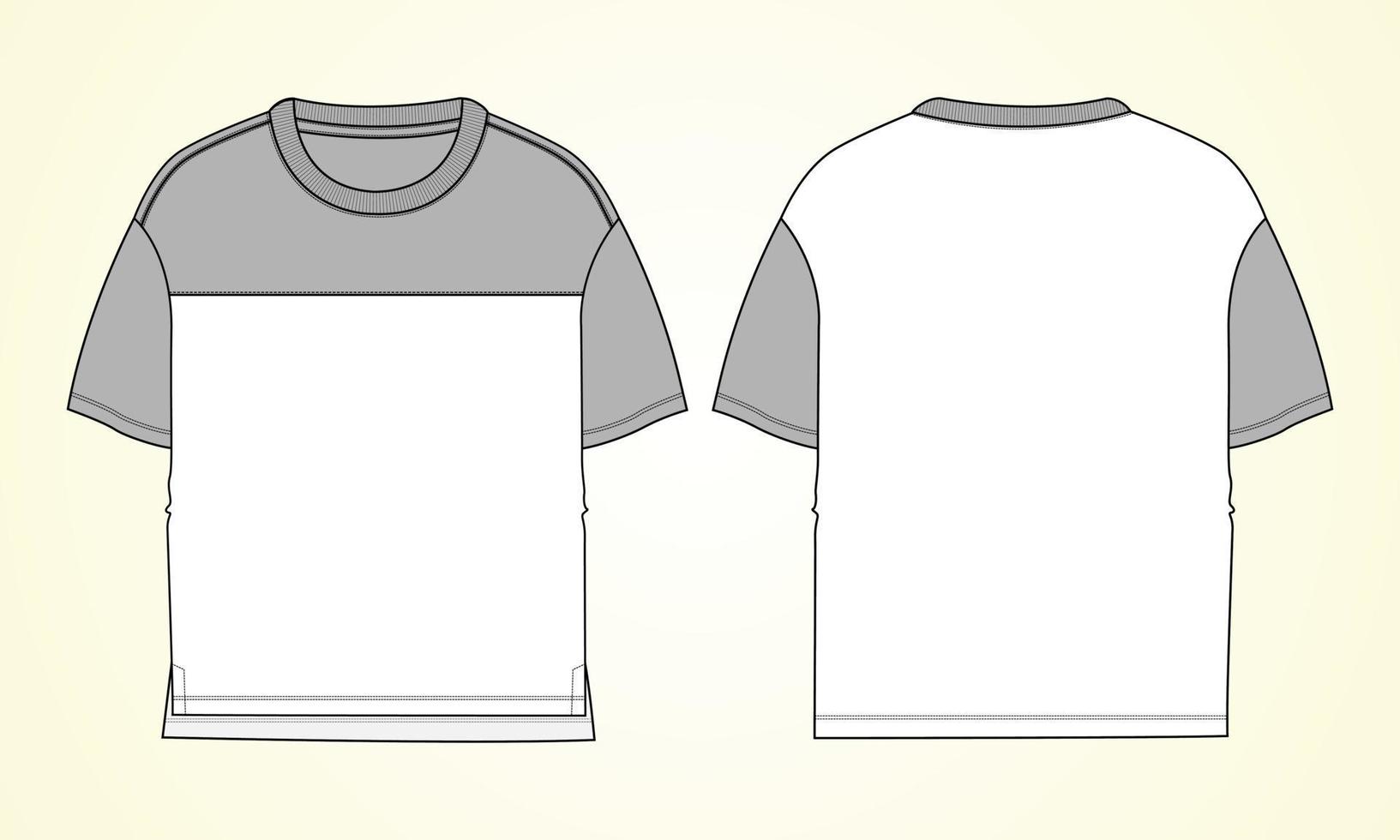 Camiseta básica de manga corta de dos tonos de color, vista frontal y trasera de la plantilla de ilustración vectorial de boceto plano de moda técnica general. maqueta de diseño de ropa básica para niños, niños vector