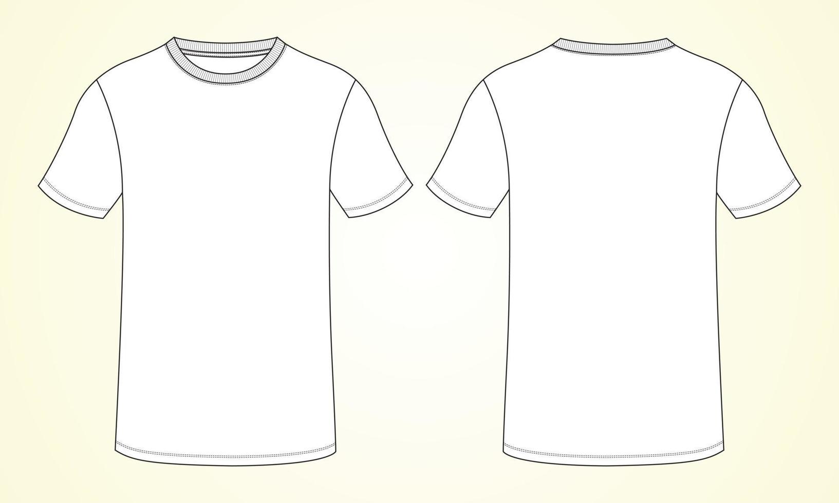 Vista frontal y posterior de la plantilla de ilustración vectorial de boceto plano de moda técnica de camiseta de manga corta de ajuste regular. vector