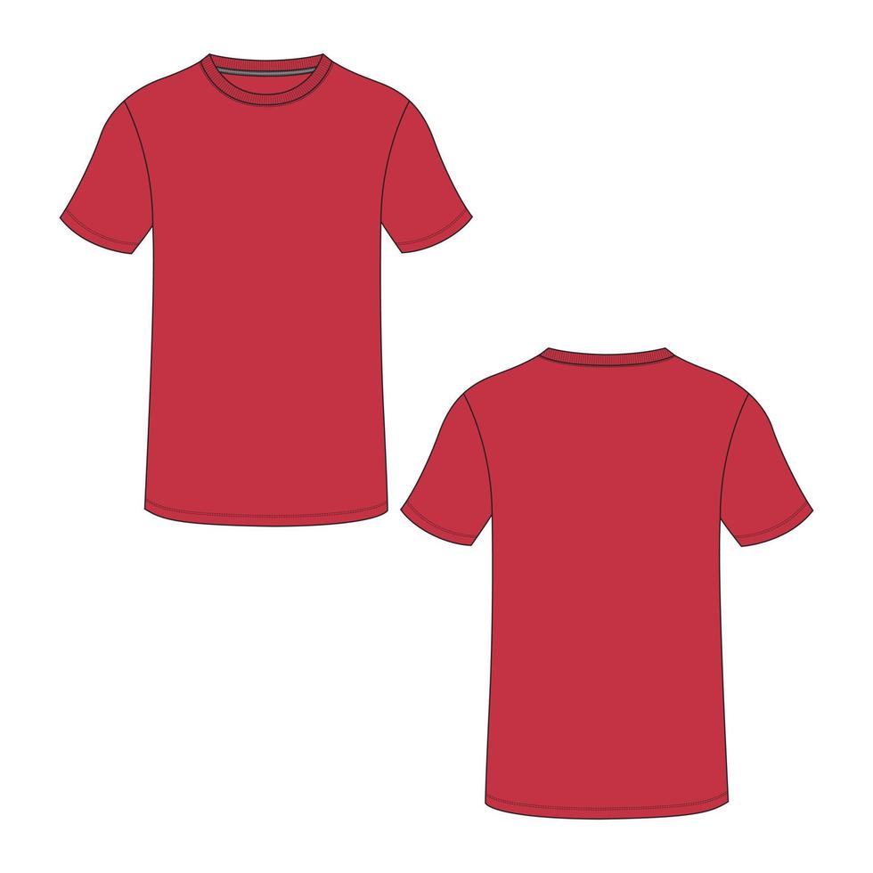 camiseta de manga corta de ajuste regular moda técnica croquis plano ilustración vectorial plantilla de color rojo vistas frontal y posterior. vector