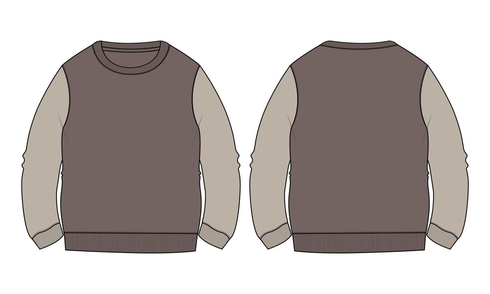 Two tone Khaki color Round neck Long sleeve Sweatshirt overall fashion Flat Sketch technical drawing vector template For men's. Dress design mockup CAD illustration.