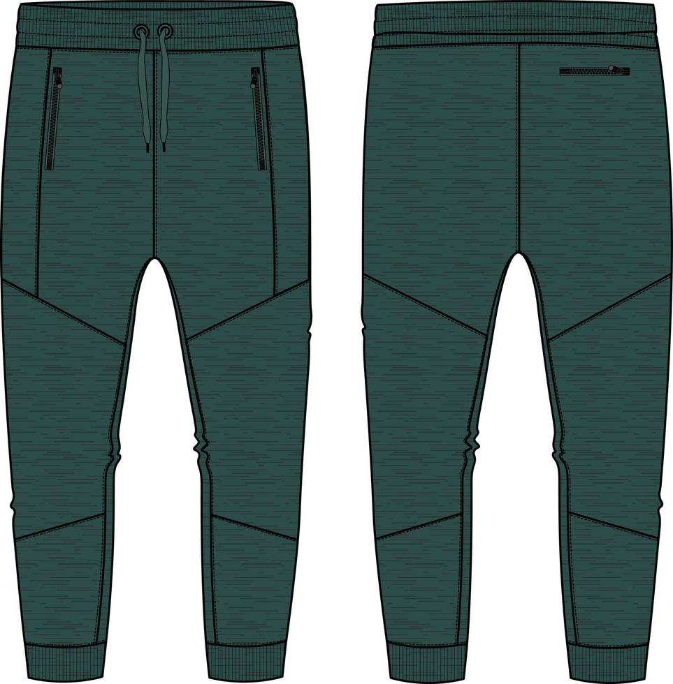 Fleece jersey Sweat pant With Cut and sew technical fashion flat sketch Green color  template. Apparel jogger pants vector illustration mock up for kids and boys. Fashion design drawing CAD.