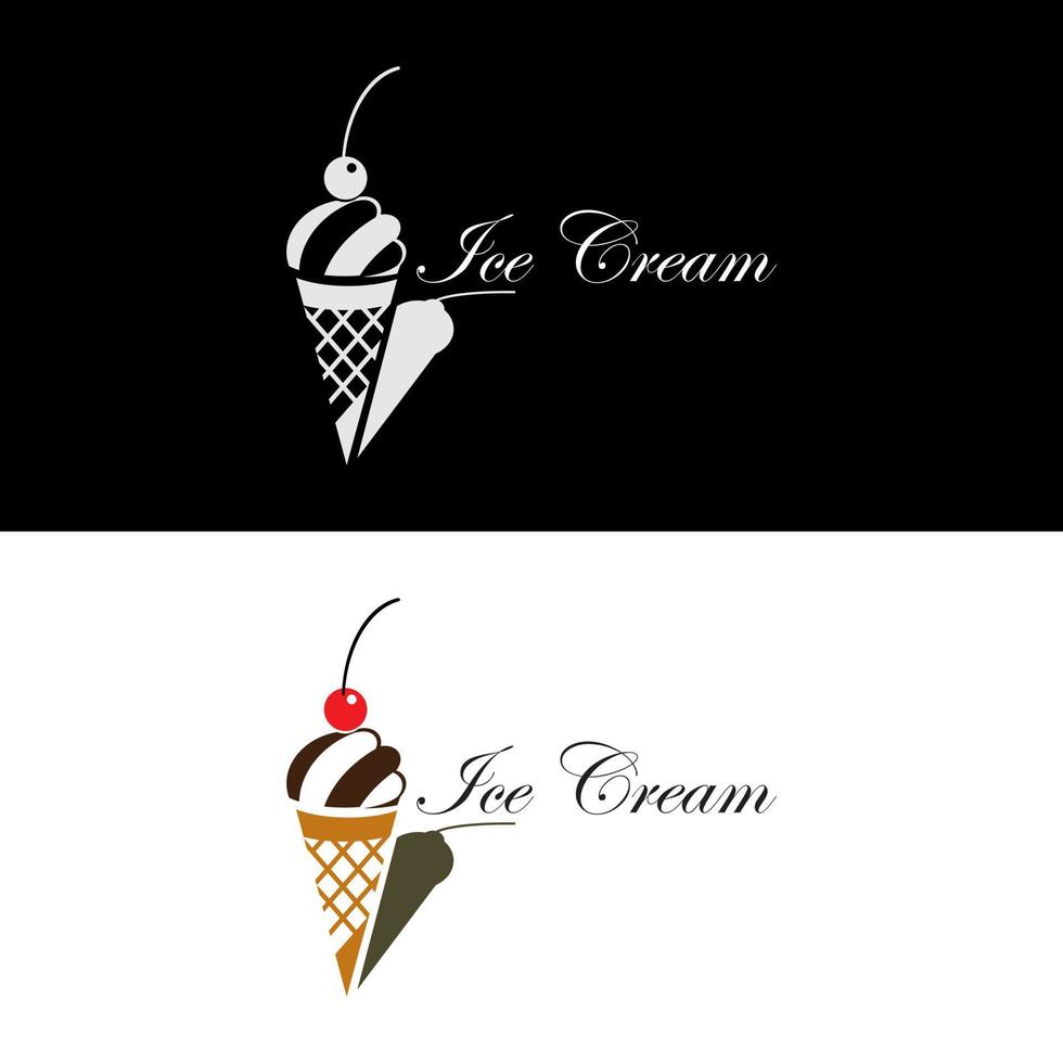 Ice cream shop logo design with cone and cherry in simple flat style vector