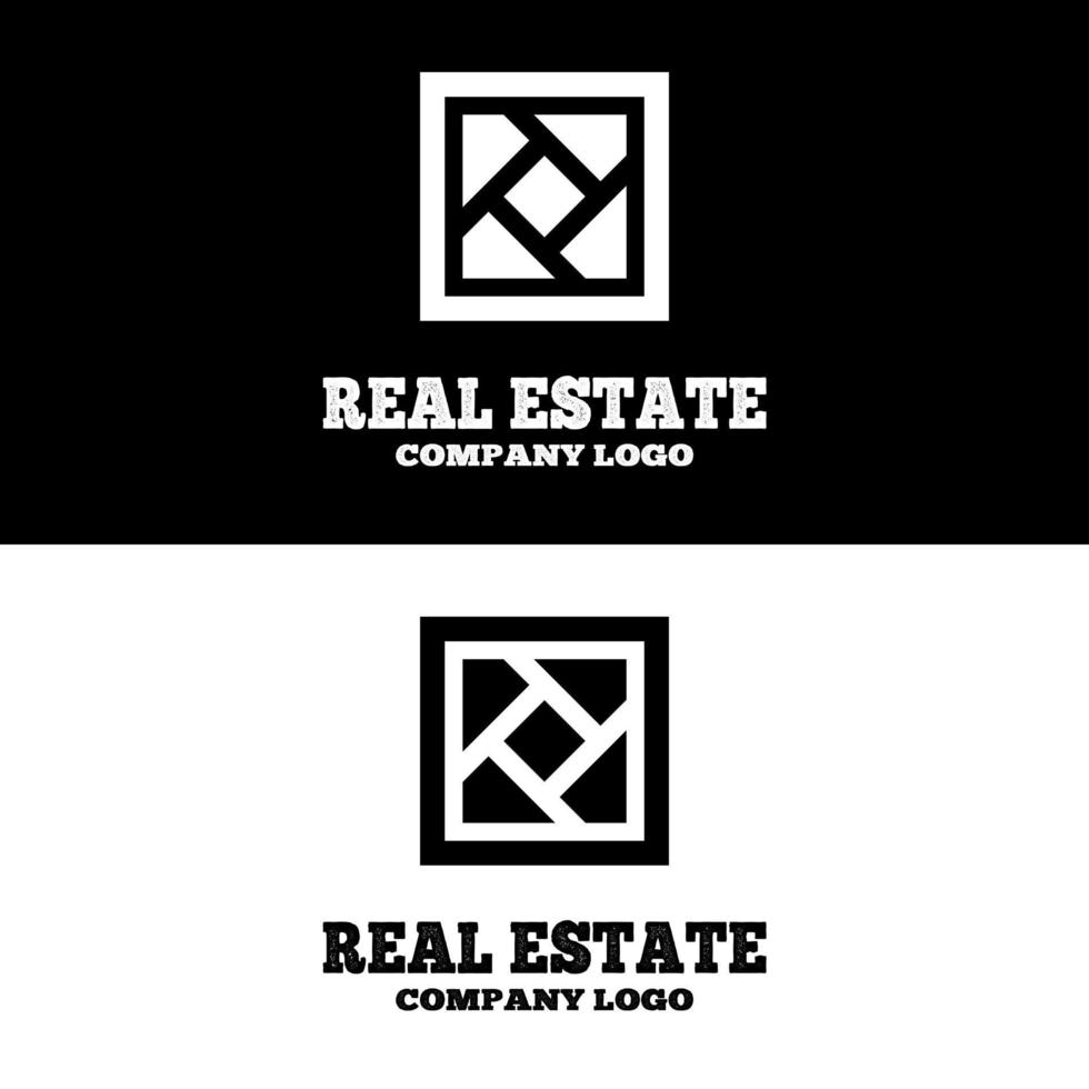 Square stone brick house contractor logo design in retro vintage frame and pattern concept vector