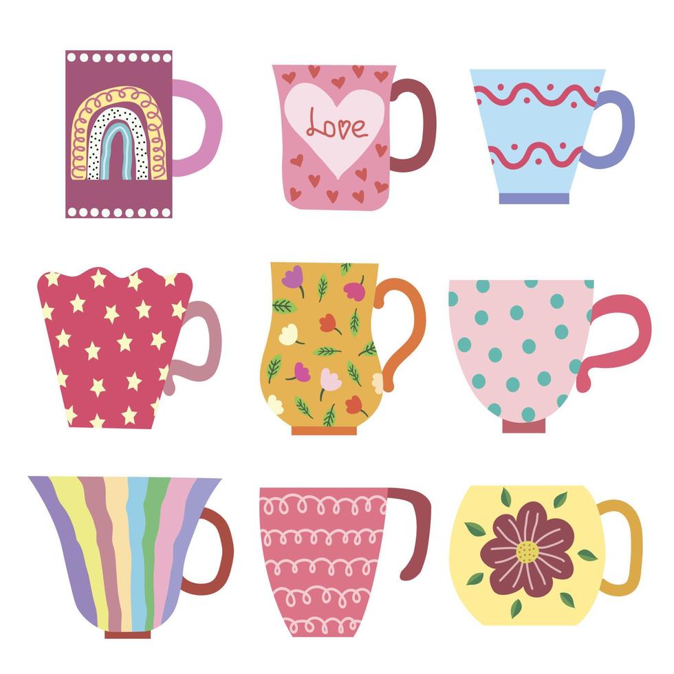 Collection of bright vintage mugs. Drawn by hands with a naive Scandinavian style vector