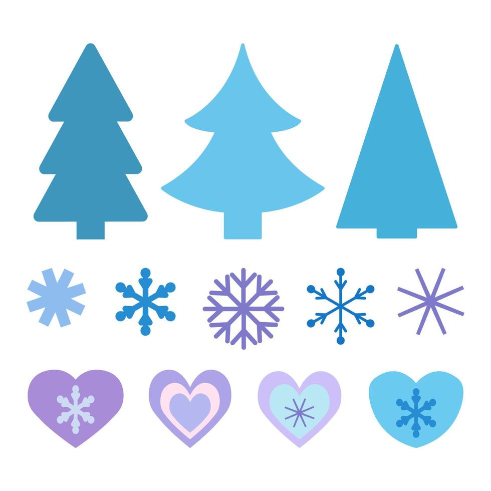 establecer elementos para copos de nieve de diseño de invierno, árboles de Navidad, corazones vector