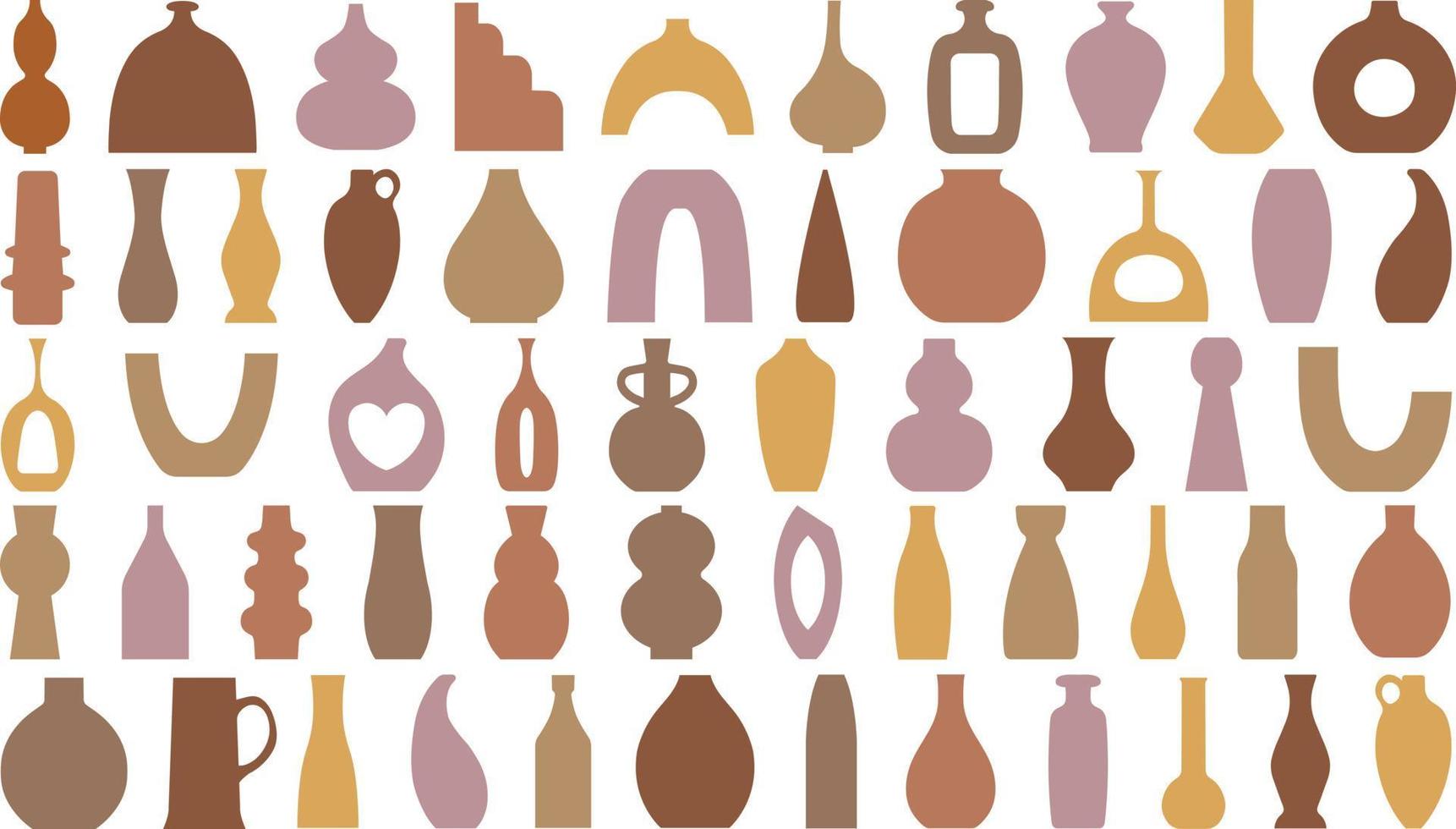 Collection of ceramic vases in boho style. Flat brown color illustration for design vector