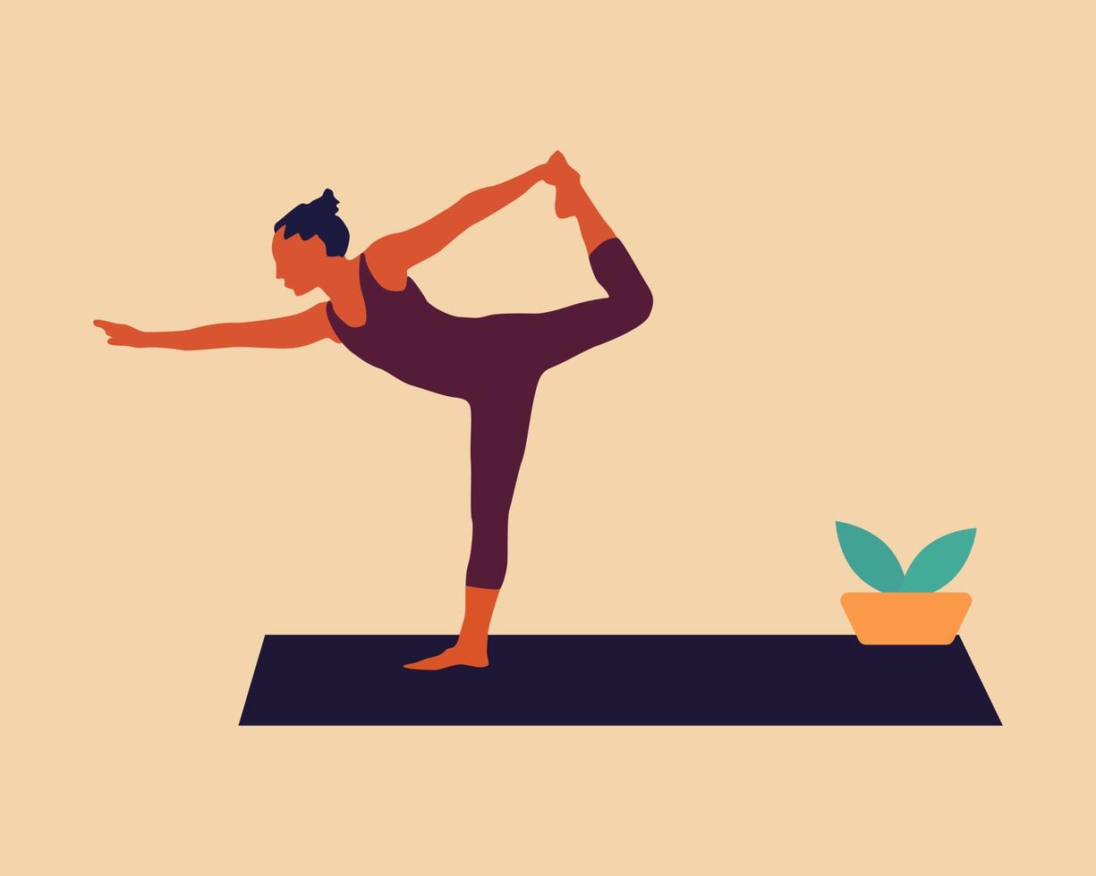 mujer haciendo yoga en casa. ilustración con pose. vector