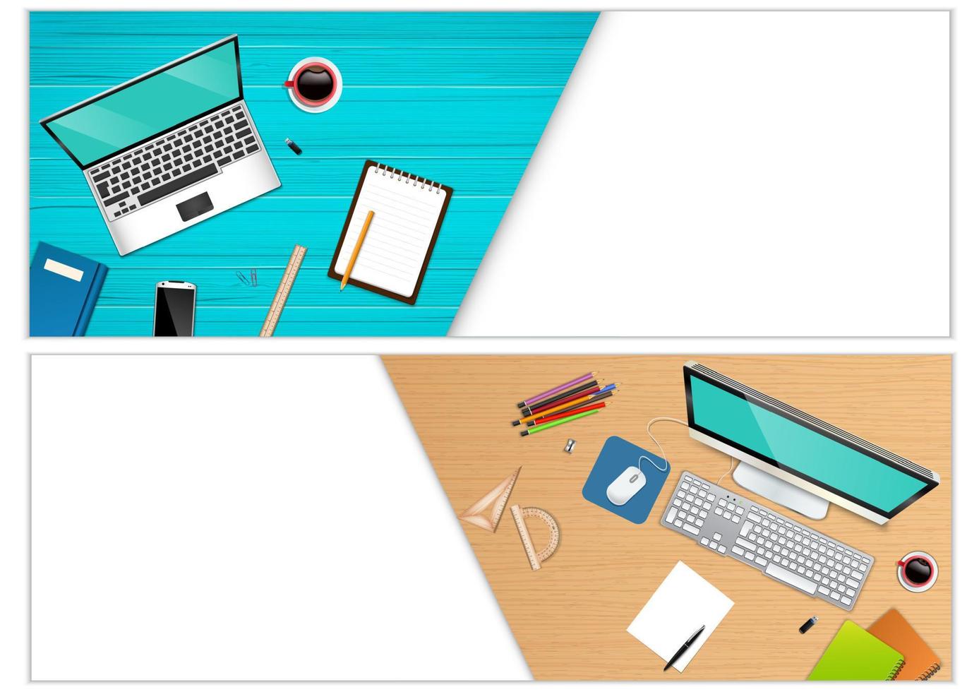 Horizontal banners of top view workplace office with a laptop and office equipment vector