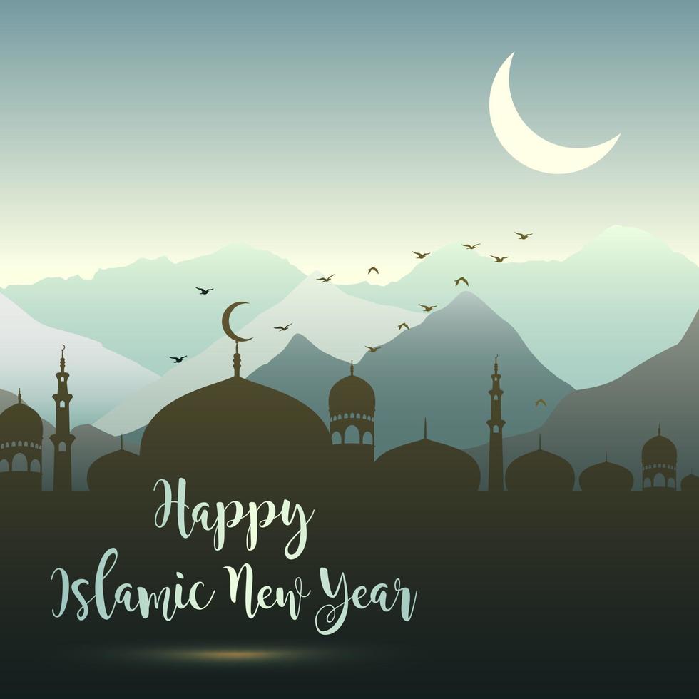 ilustración vectorial de feliz año nuevo islámico con mezquita de silueta y paisaje de montaña vector