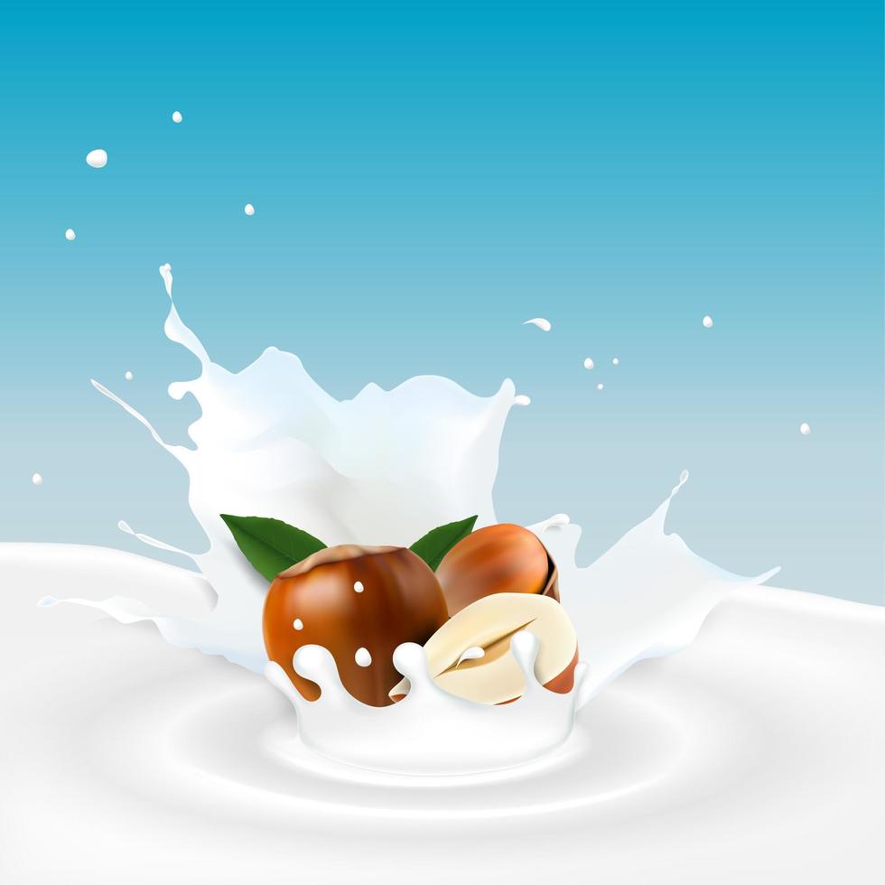 ilustración vectorial de salpicaduras de leche realistas con avellana vector